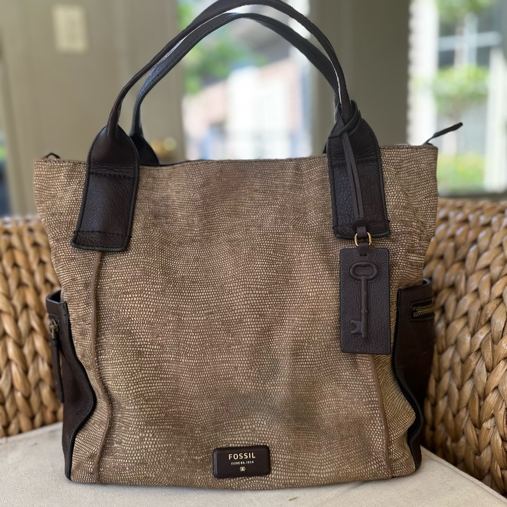 Fossil Tan and Brown Tote with Leather Accents - Picture 3 of 13